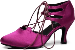 Minishion TJ7137 Women's Girls Lace-up Satin Tango Latin Dancing Shoes Evening Pumps
