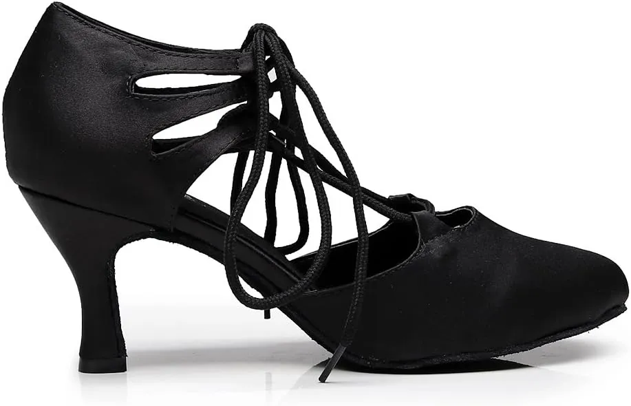 Minishion TJ7137 Women's Girls Lace-up Satin Tango Latin Dancing Shoes Evening Pumps