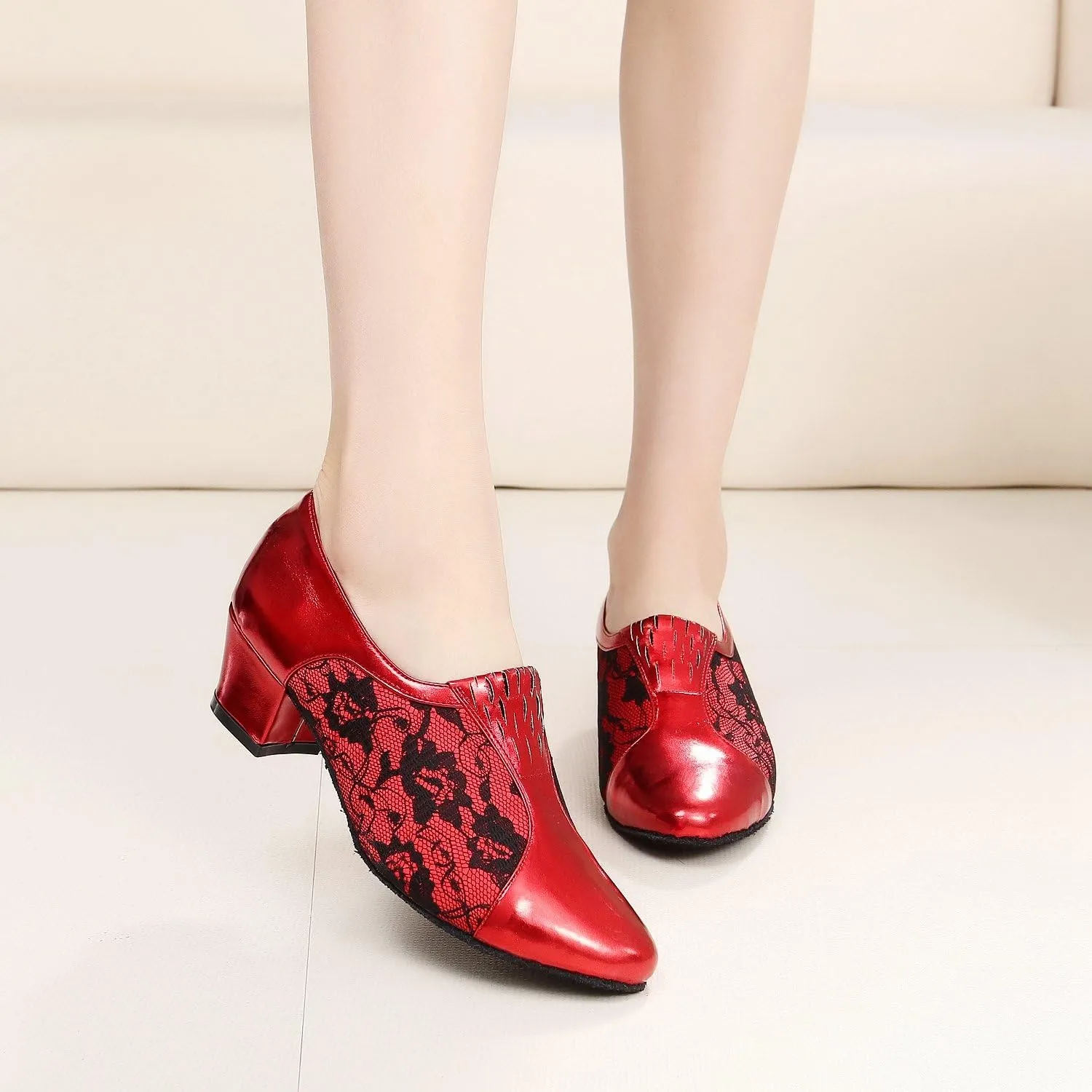 Minishion TQJ3002 Women's Slip-on Lace Tango Latin Ballroom Dance Shoes Evening Prom Pumps