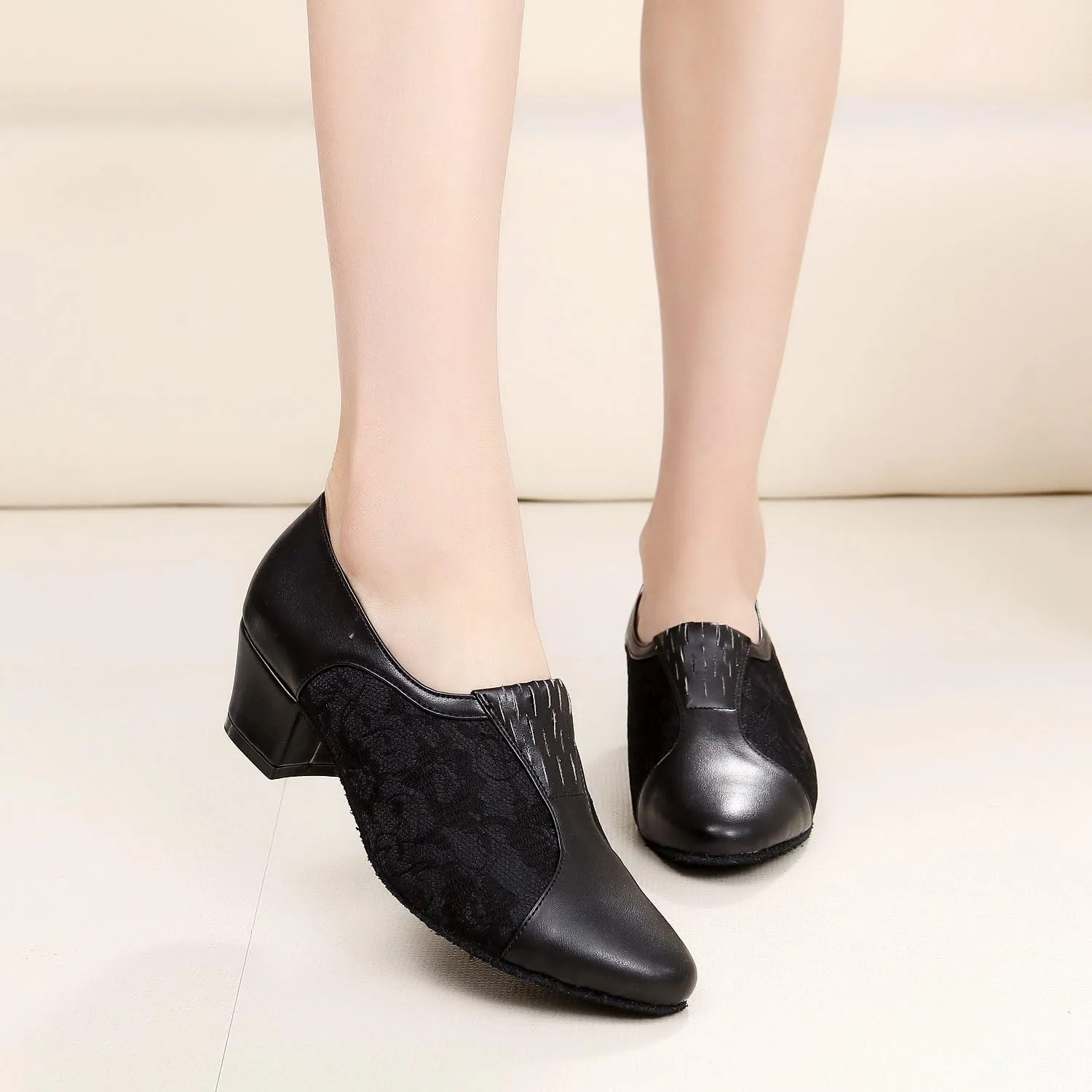 Minishion TQJ3002 Women's Slip-on Lace Tango Latin Ballroom Dance Shoes Evening Prom Pumps