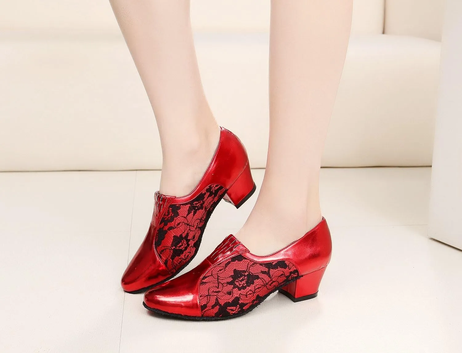 Minishion TQJ3002 Women's Slip-on Lace Tango Latin Ballroom Dance Shoes Evening Prom Pumps