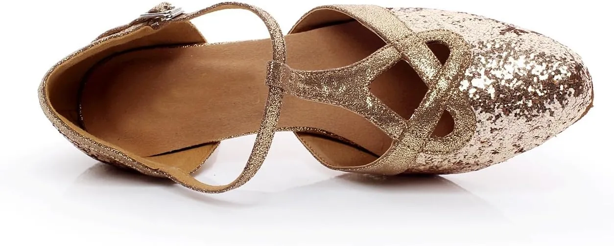 Minishion TQJ7065 Women's T-Strap Glitter Tango Latin Ballroom Dance Pumps Shoes