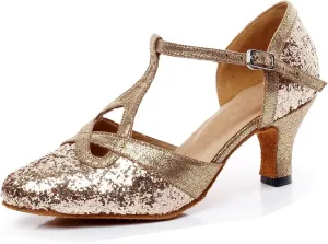 Minishion TQJ7065 Women's T-Strap Glitter Tango Latin Ballroom Dance Pumps Shoes