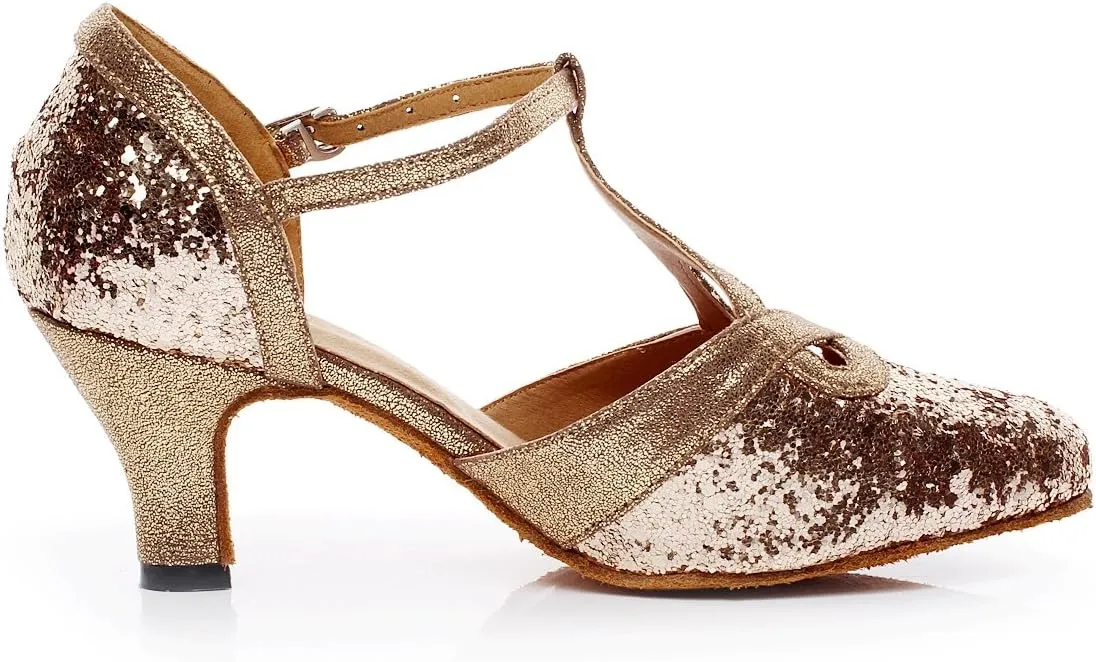 Minishion TQJ7065 Women's T-Strap Glitter Tango Latin Ballroom Dance Pumps Shoes