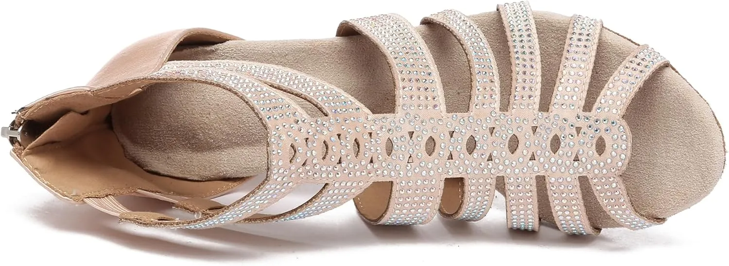 Minishion Womens Dance Ankle Sandals Sparkle Swing Dancing Shoes Rhinestones Wedding Booties L586
