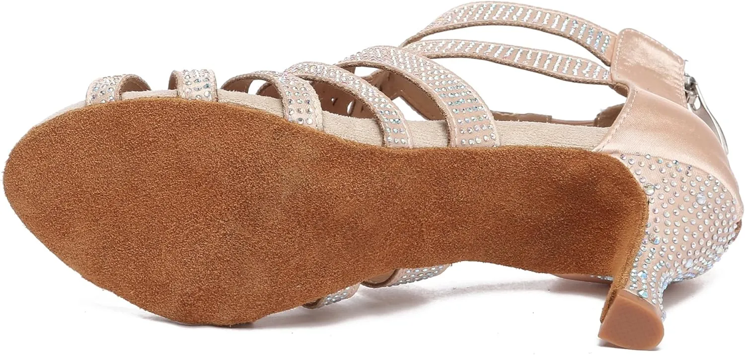 Minishion Womens Dance Ankle Sandals Sparkle Swing Dancing Shoes Rhinestones Wedding Booties L586