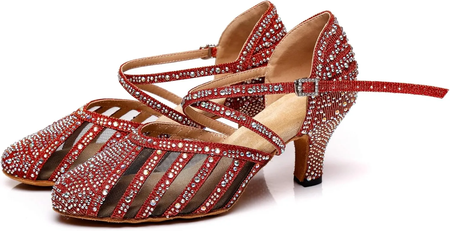 Minishion Women's Latin Salsa Round Toe Crystals Glitter Social Dance Shoes Weddinb Prom Pumps