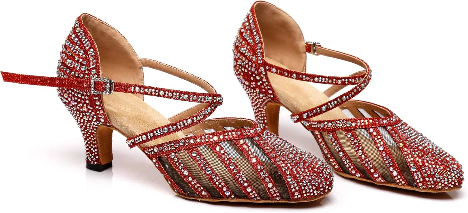 Minishion Women's Latin Salsa Round Toe Crystals Glitter Social Dance Shoes Weddinb Prom Pumps