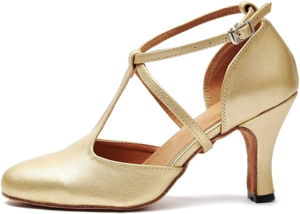 Minishion Women's T-Strap Ballroom Latin Salsa Dancing Shoes Bridal Wedding Pumps