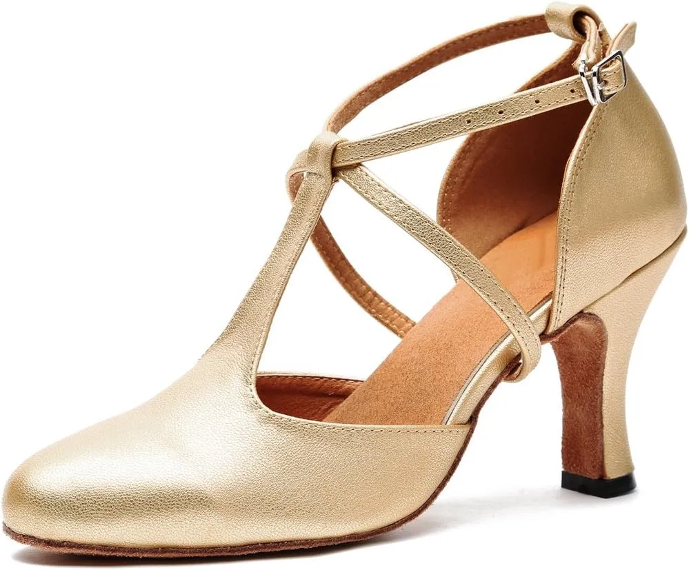 Minishion Women's T-Strap Ballroom Latin Salsa Dancing Shoes Bridal Wedding Pumps