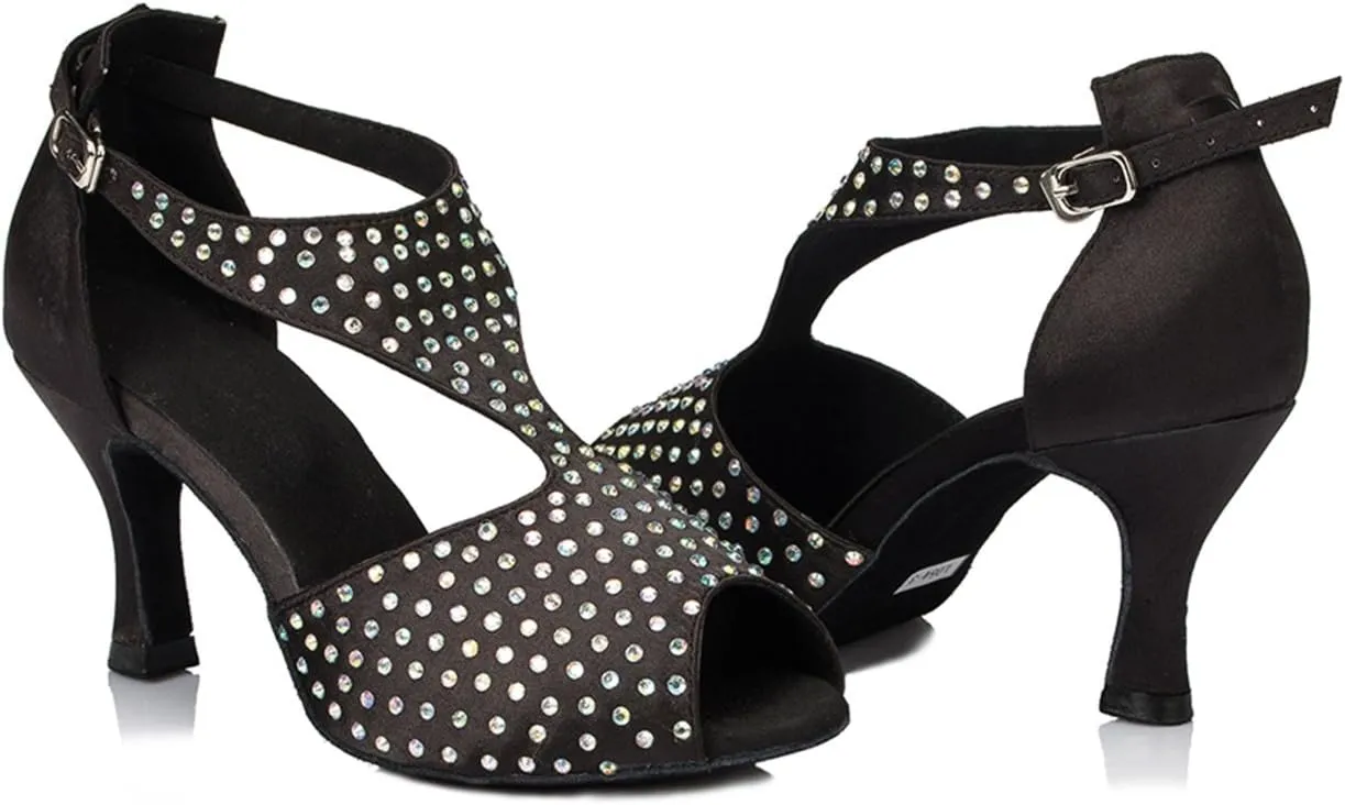 Minishion Women's TH054 Crystals T-Strap Satin Wedding Ballroom Latin Taogo Dance Sandals