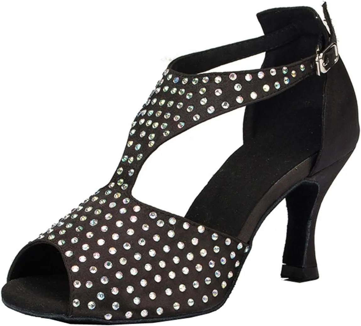 Minishion Women's TH054 Crystals T-Strap Satin Wedding Ballroom Latin Taogo Dance Sandals