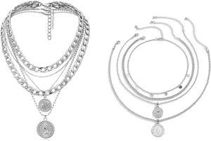 MJartoria Bundle - Silver Layered Necklaces for Women Trendy Retro Coin Pendant and Layered Necklaces for Women Trendy