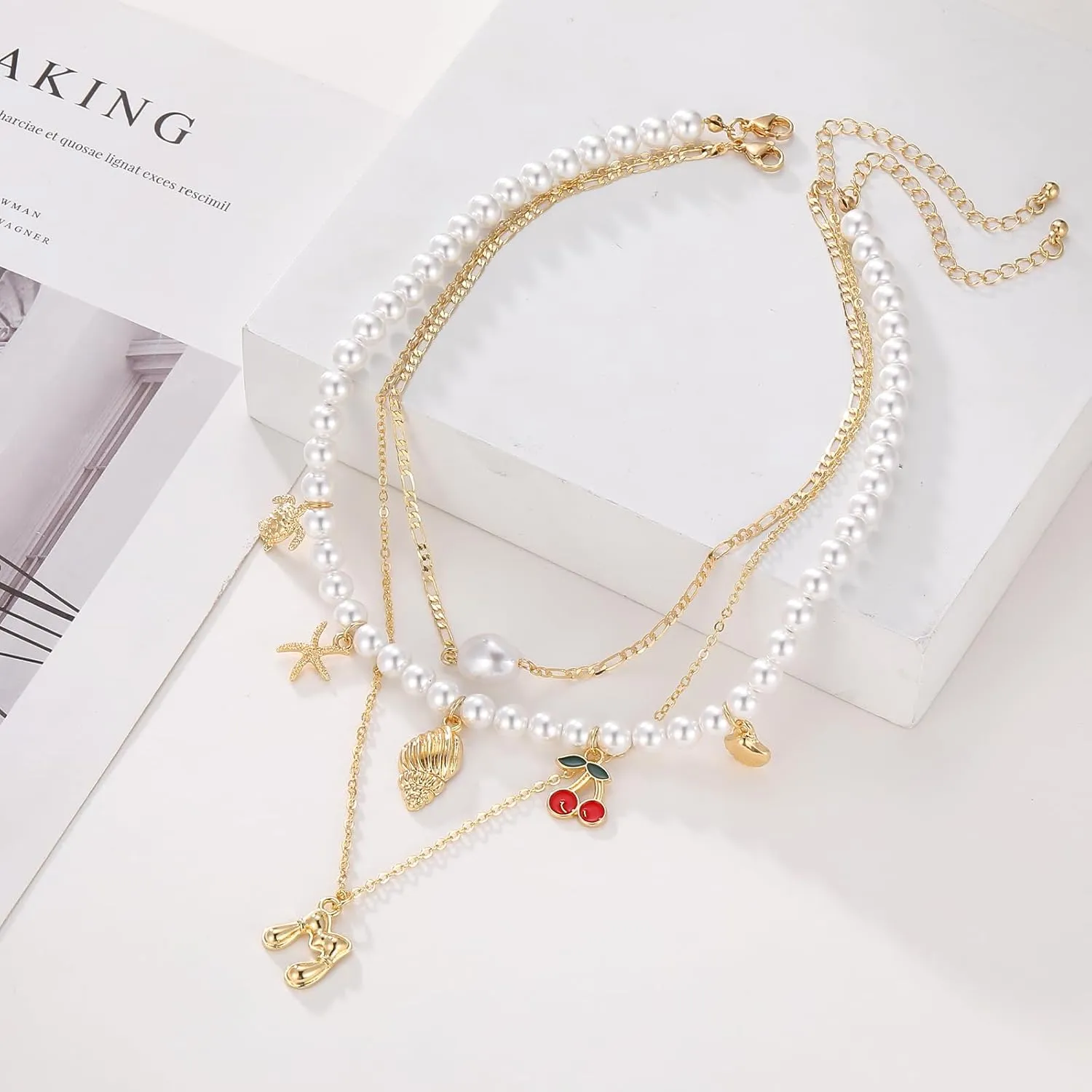 MJartoria Gold Layered Necklaces for Women Trendy Balloon Initial Pendant Chunky Pearl Chain Charm Necklaces Jewelry Birthday Gifts