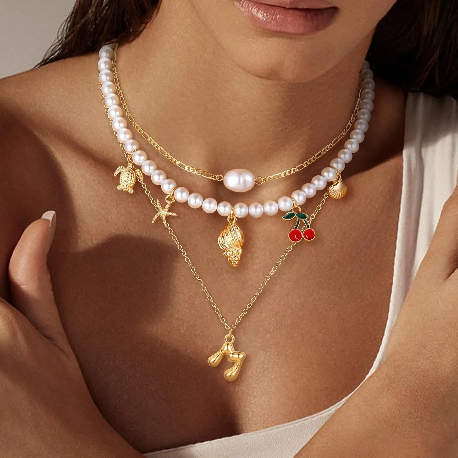 MJartoria Gold Layered Necklaces for Women Trendy Balloon Initial Pendant Chunky Pearl Chain Charm Necklaces Jewelry Birthday Gifts