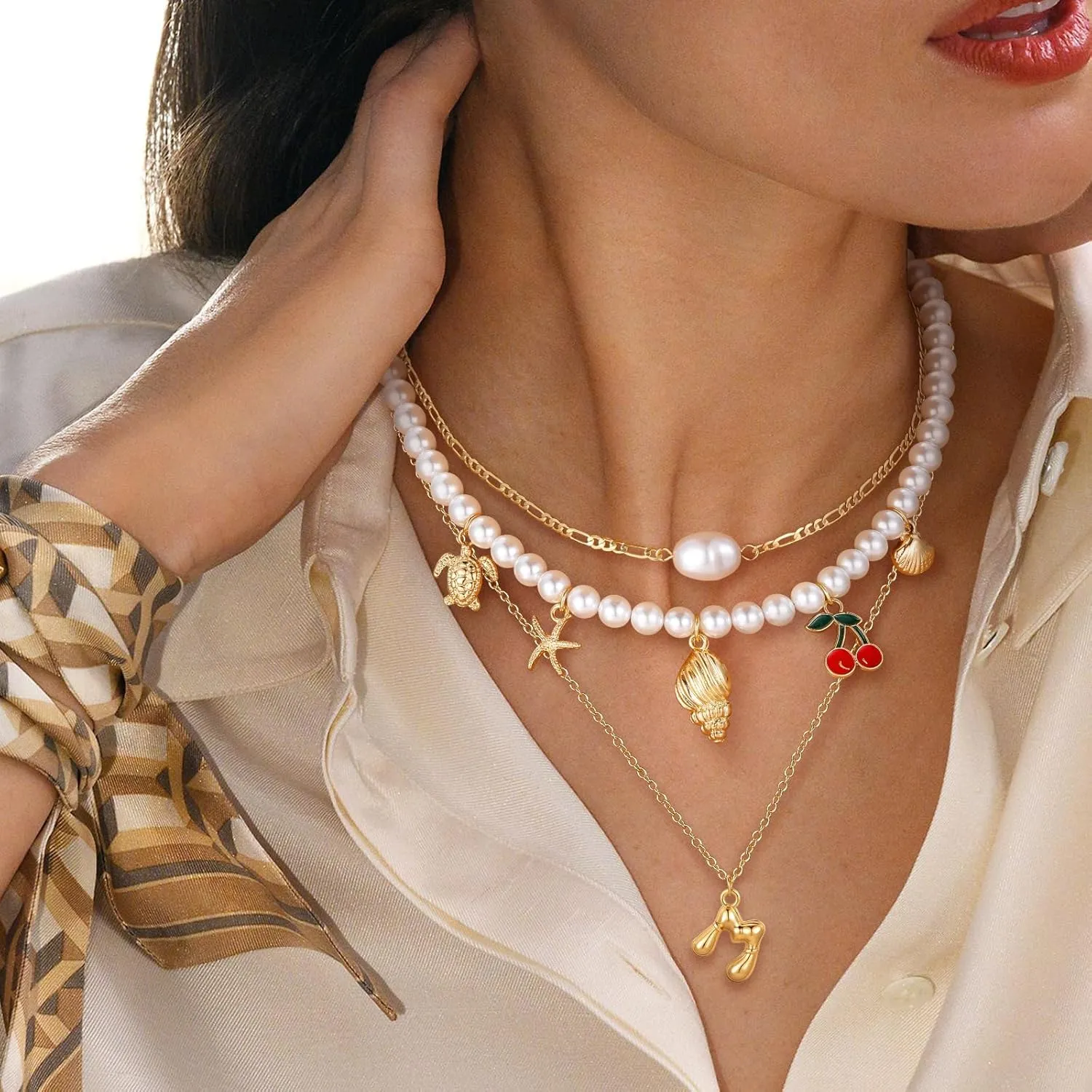 MJartoria Gold Layered Necklaces for Women Trendy Balloon Initial Pendant Chunky Pearl Chain Charm Necklaces Jewelry Birthday Gifts