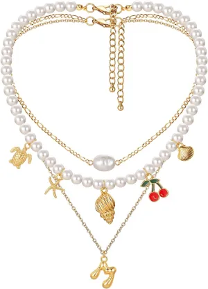 MJartoria Gold Layered Necklaces for Women Trendy Balloon Initial Pendant Chunky Pearl Chain Charm Necklaces Jewelry Birthday Gifts
