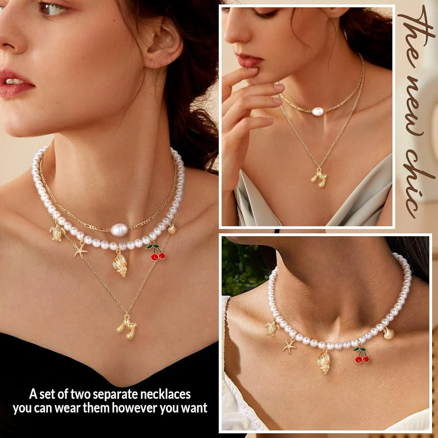 MJartoria Gold Layered Necklaces for Women Trendy Balloon Initial Pendant Chunky Pearl Chain Charm Necklaces Jewelry Birthday Gifts