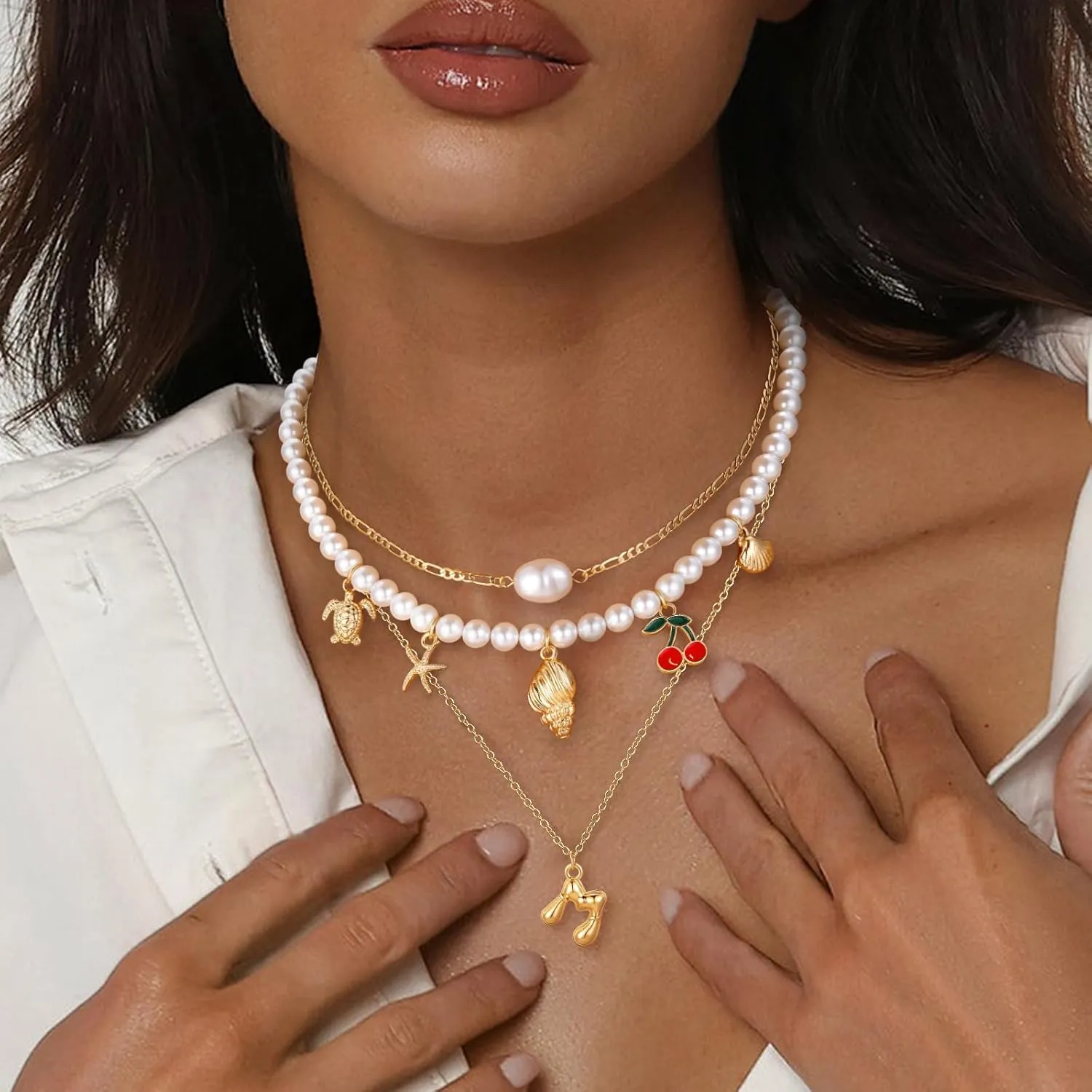 MJartoria Gold Layered Necklaces for Women Trendy Balloon Initial Pendant Chunky Pearl Chain Charm Necklaces Jewelry Birthday Gifts