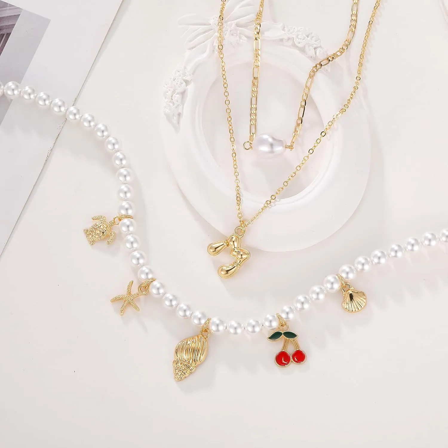MJartoria Gold Layered Necklaces for Women Trendy Balloon Initial Pendant Chunky Pearl Chain Charm Necklaces Jewelry Birthday Gifts