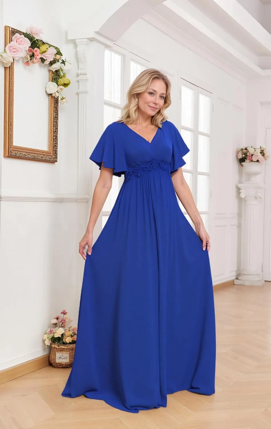 Mother of The Bride Dresses with Short Sleeves Chiffon Formal Evening Dress Long Lace Appliques Wedding Guest Dresses