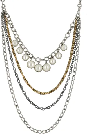 Multi Strand Long Layered Faux Pearl Beaded Silver Gold Gray Chain Necklace 19" Fashion Necklaces Trendy Accessories Stylish Additions Chic Details