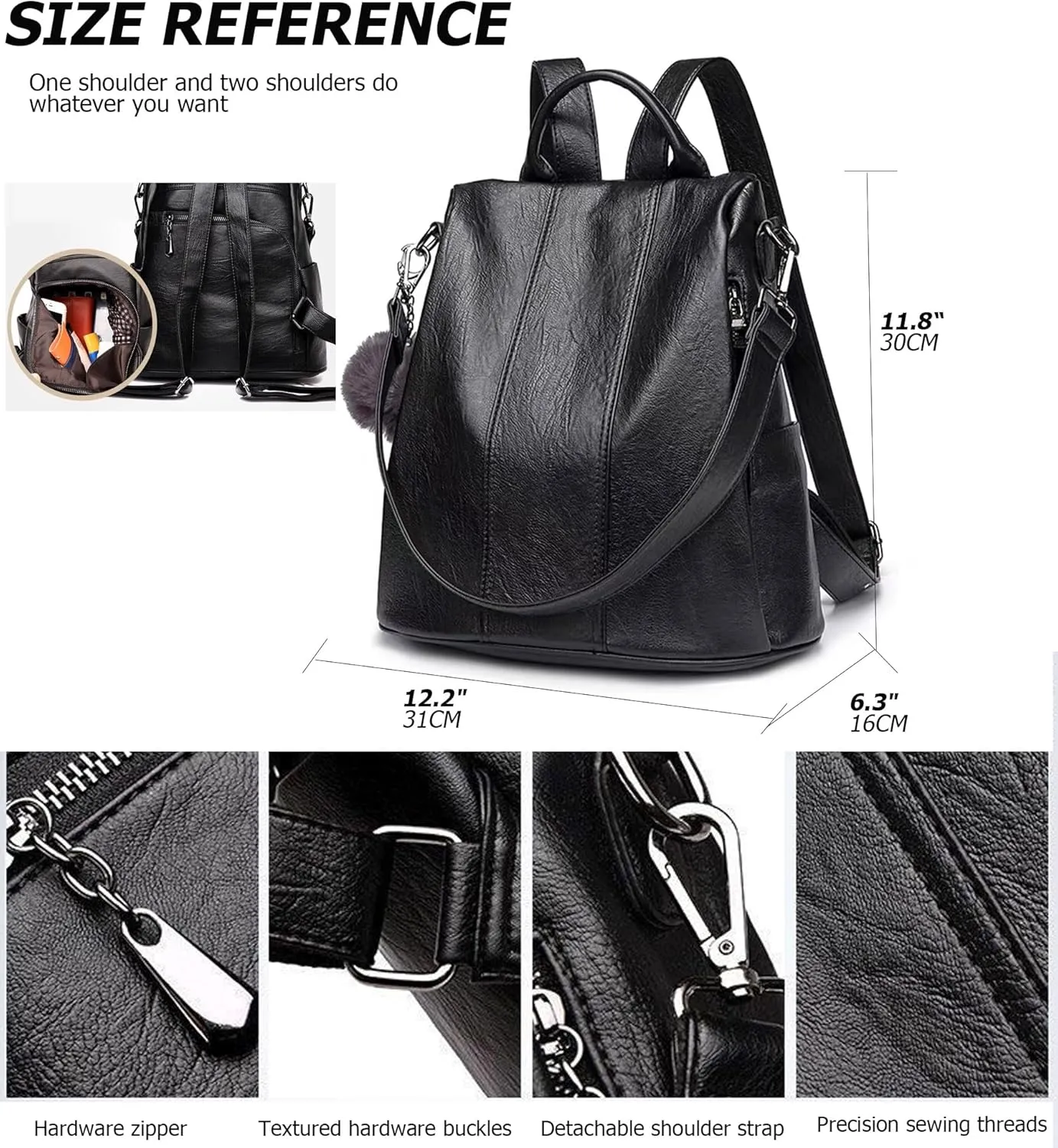 myfriday Vintage Leather Backpack for Women, Soft Rucksack Backpack with Anti-Theft Pocket Convertible Shoulder Handbag (Black)