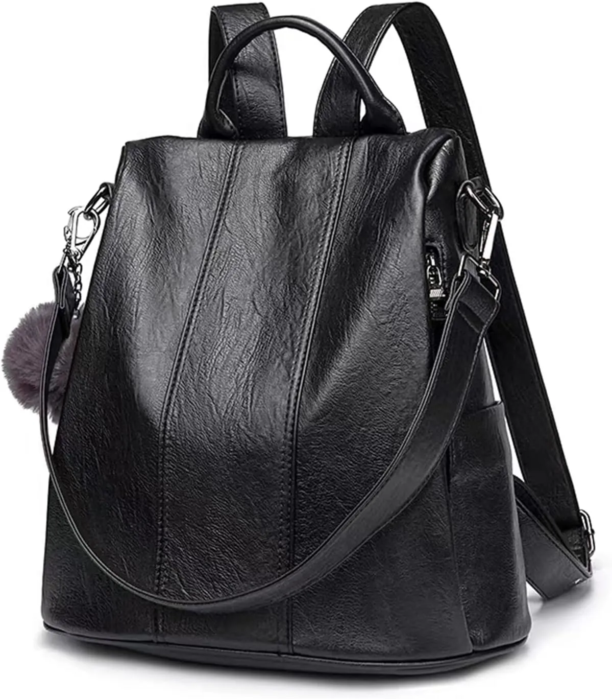 myfriday Vintage Leather Backpack for Women, Soft Rucksack Backpack with Anti-Theft Pocket Convertible Shoulder Handbag (Black)