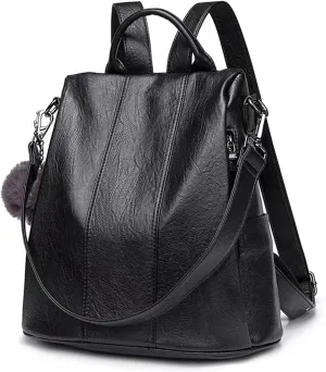 myfriday Vintage Leather Backpack for Women, Soft Rucksack Backpack with Anti-Theft Pocket Convertible Shoulder Handbag (Black)