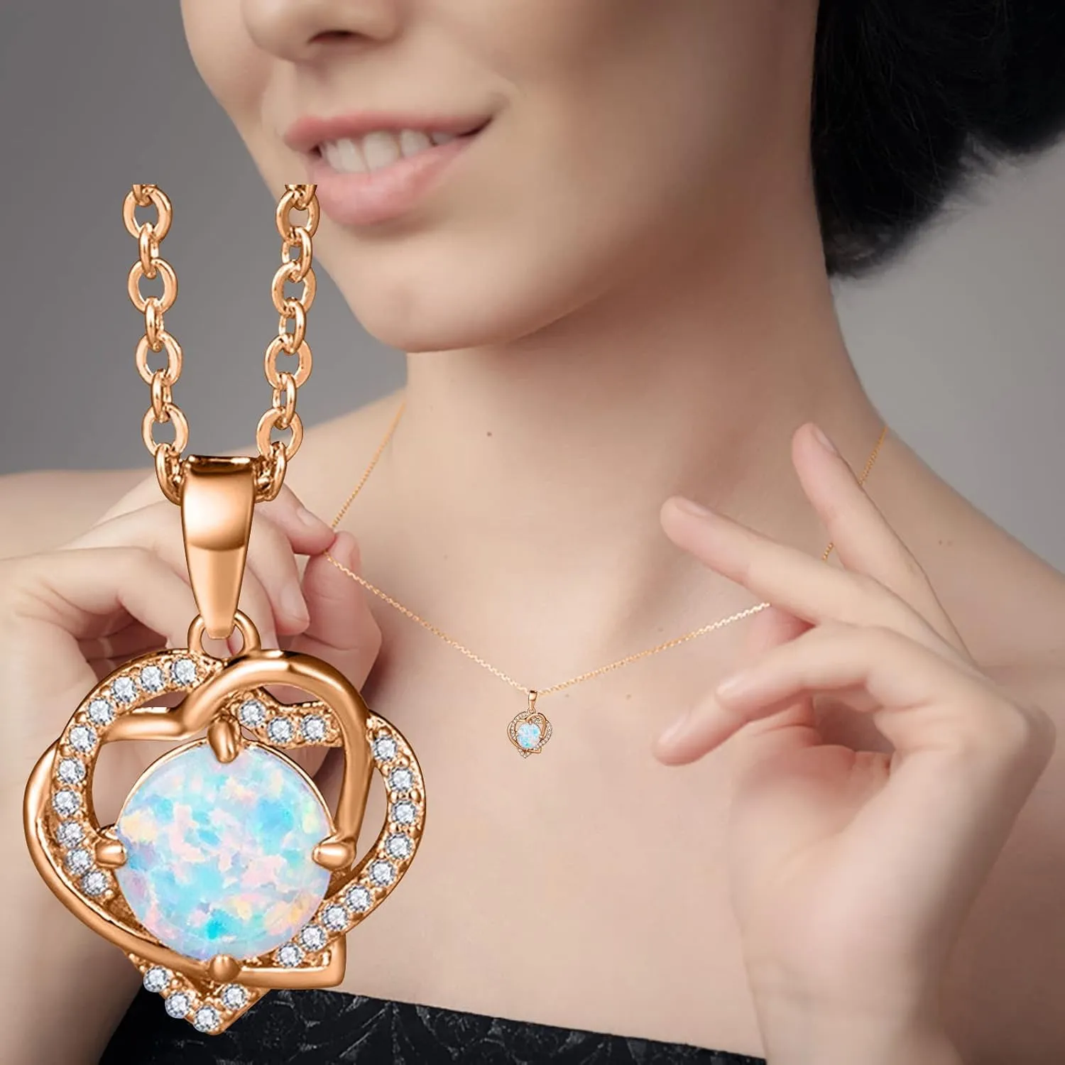 Opal Heart Pendant Necklace for Women,Sterling Silver Birthstone Crystal Chokers Chrismas Birthday Mother's Day Gifts for Her