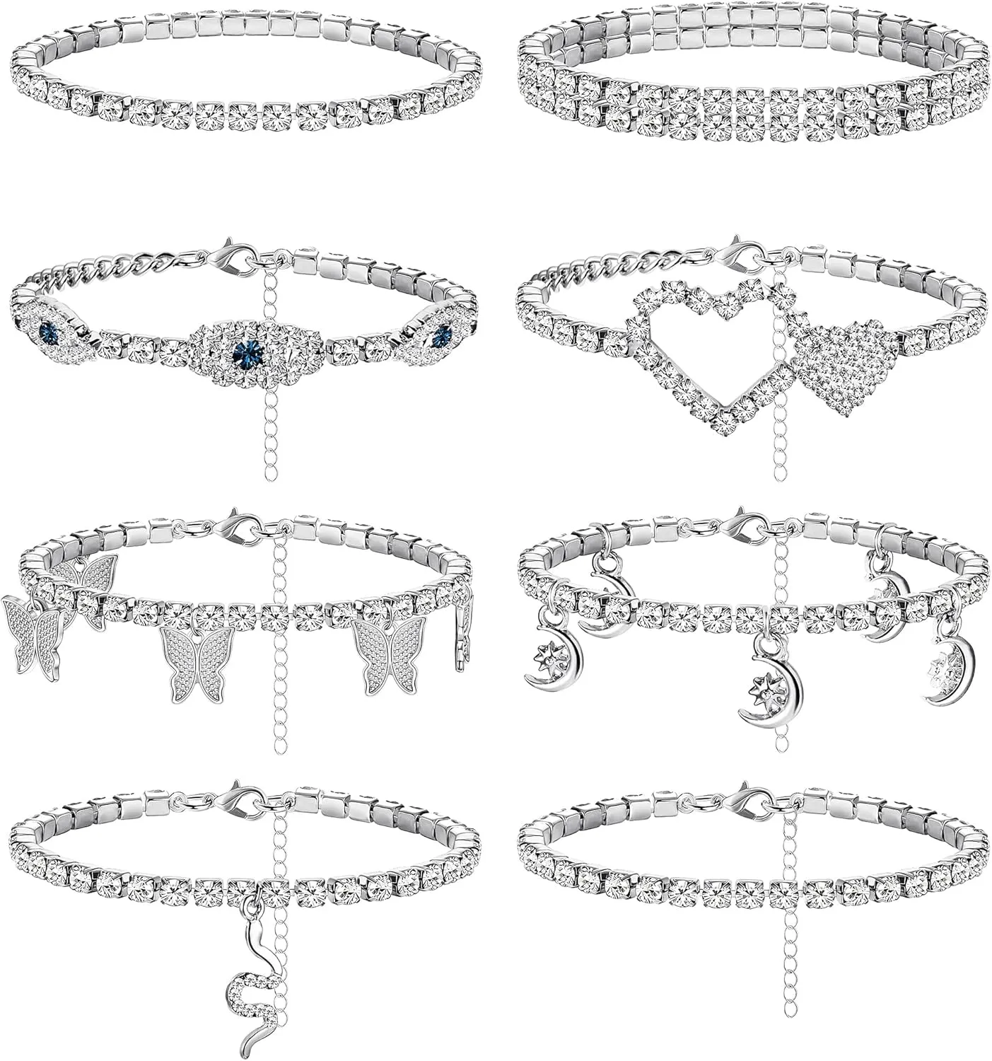 ORAZIO 8 PCS Ankle Bracelets for Women Rhinestone Anklets Silver Tennis Anklet CZ Butterfly Heart Adjustable Beach Anklets Bracelet Foot Jewelry Set for Summer