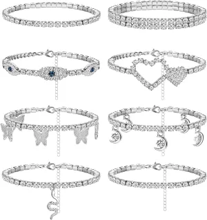 ORAZIO 8 PCS Ankle Bracelets for Women Rhinestone Anklets Silver Tennis Anklet CZ Butterfly Heart Adjustable Beach Anklets Bracelet Foot Jewelry Set for Summer