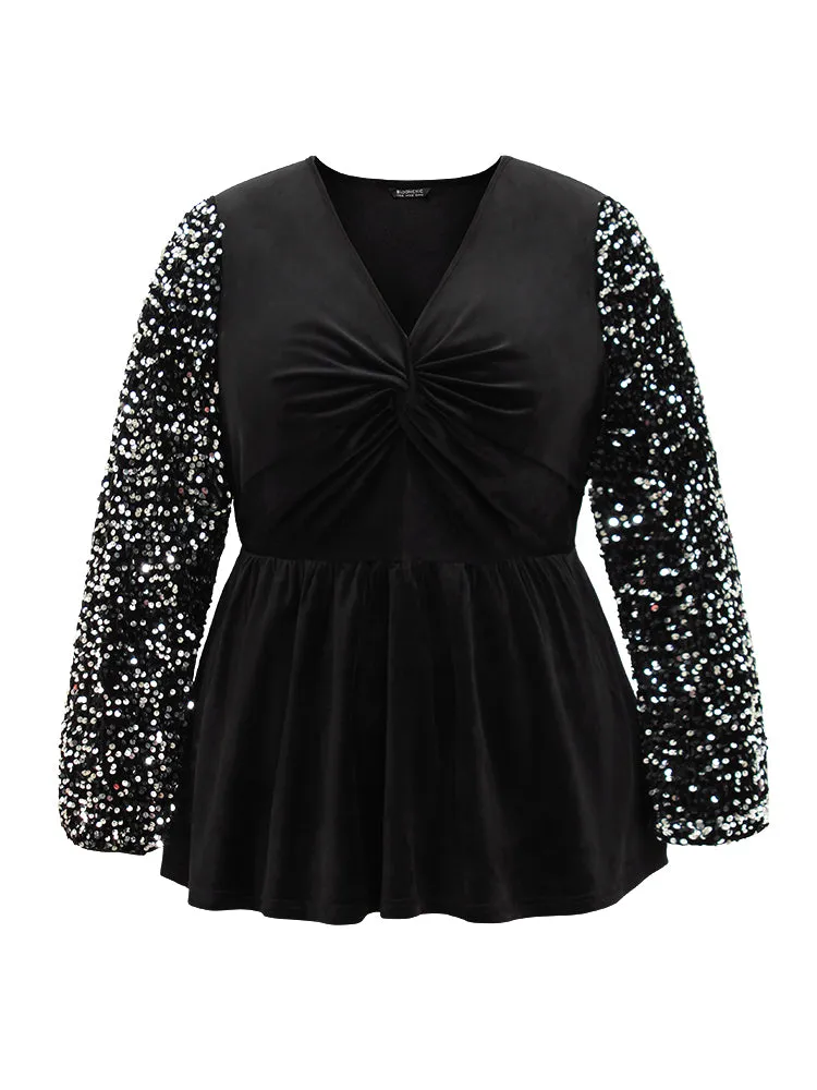 Patchwork Velvet Twist Front Elastic Waist Sequin Blouse