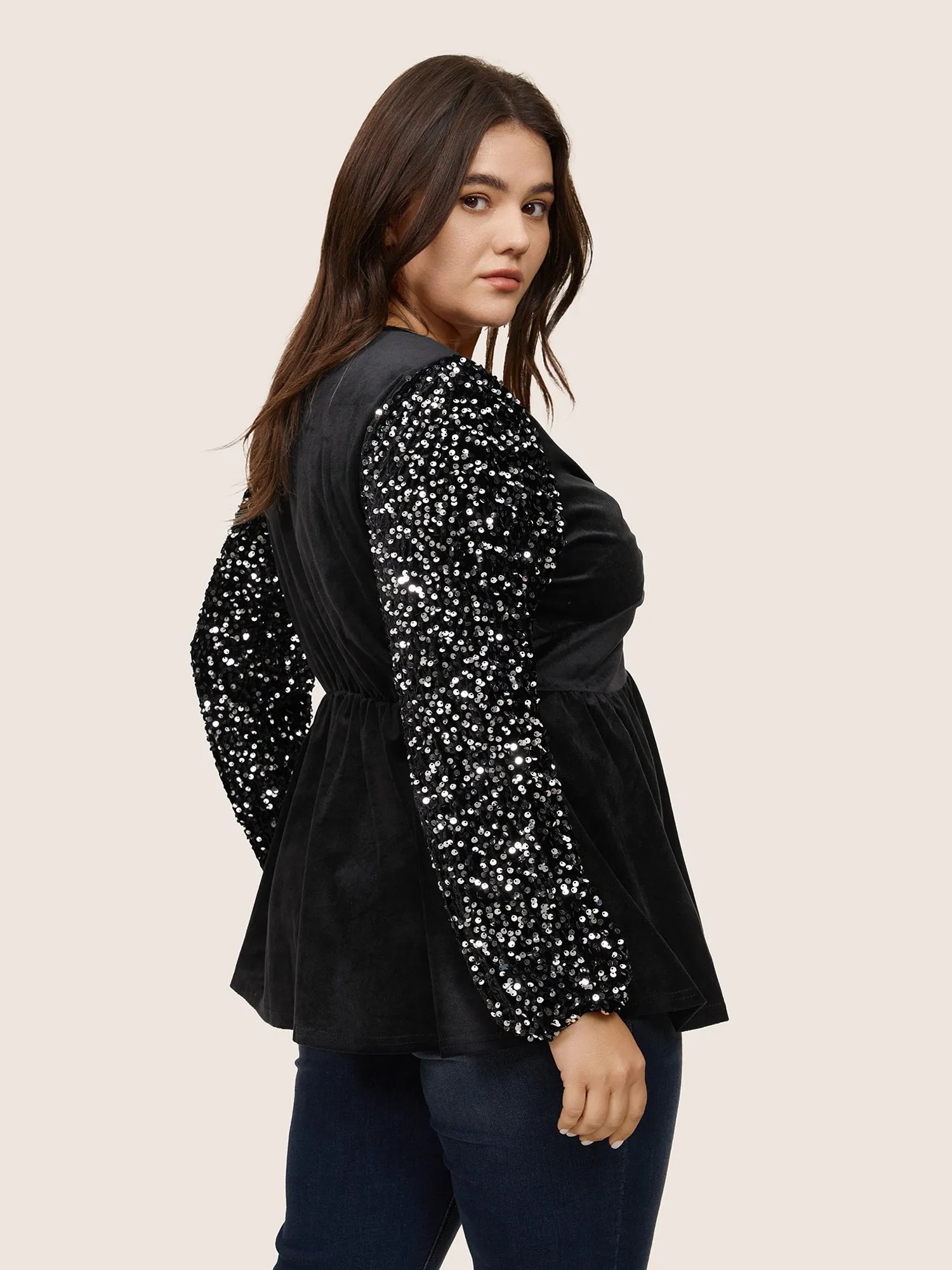 Patchwork Velvet Twist Front Elastic Waist Sequin Blouse