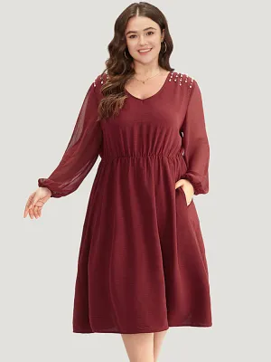 Pearl Beaded Pocket Mesh Patchwork Dress