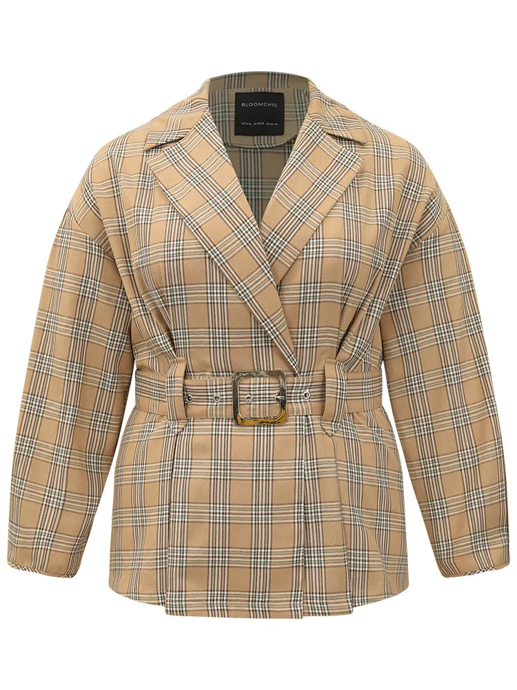 Plaid Metal Buckle Detail Pleated Coat