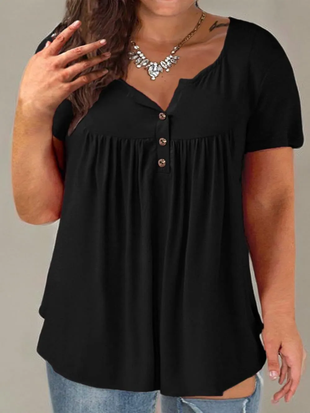 Plus-Size Tops for Women Summer Henley Shirts Flowy Tunics Tee