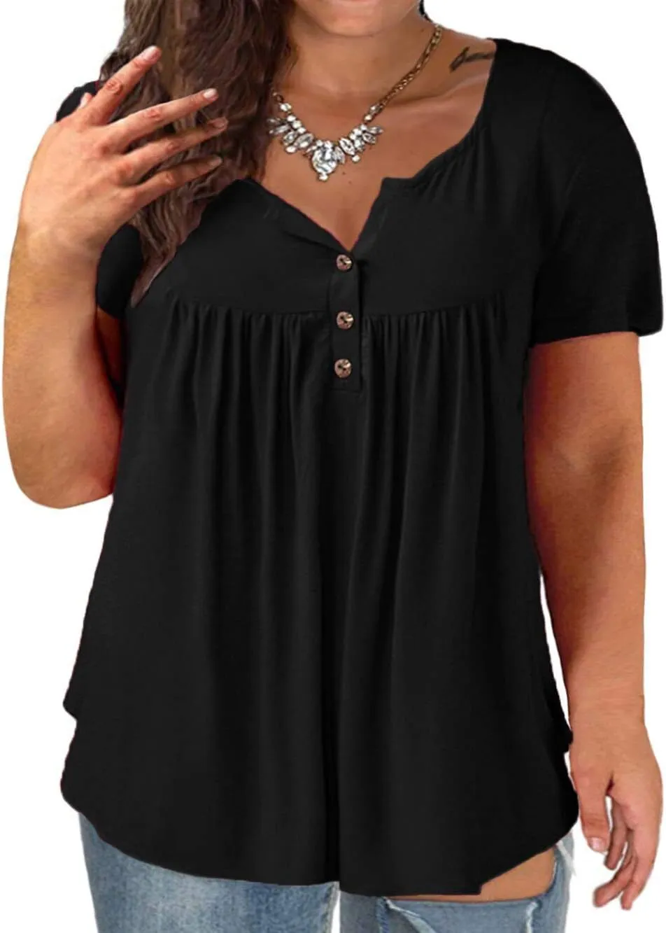 Plus-Size Tops for Women Summer Henley Shirts Flowy Tunics Tee