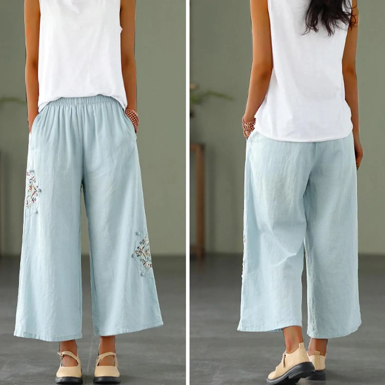 Plus Size Women Capris Pants Loose Summer Casual Cotton Linen Embroidery Vintage Wide Leg Cropped Trousers with Pockets