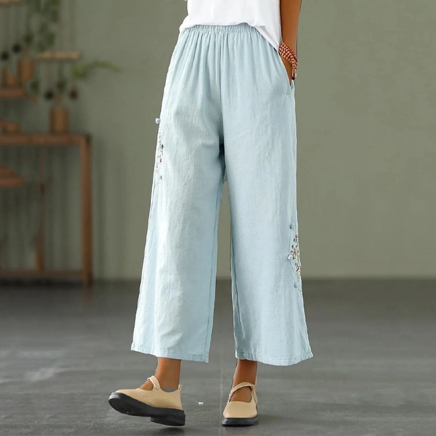 Plus Size Women Capris Pants Loose Summer Casual Cotton Linen Embroidery Vintage Wide Leg Cropped Trousers with Pockets