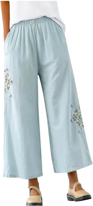 Plus Size Women Capris Pants Loose Summer Casual Cotton Linen Embroidery Vintage Wide Leg Cropped Trousers with Pockets