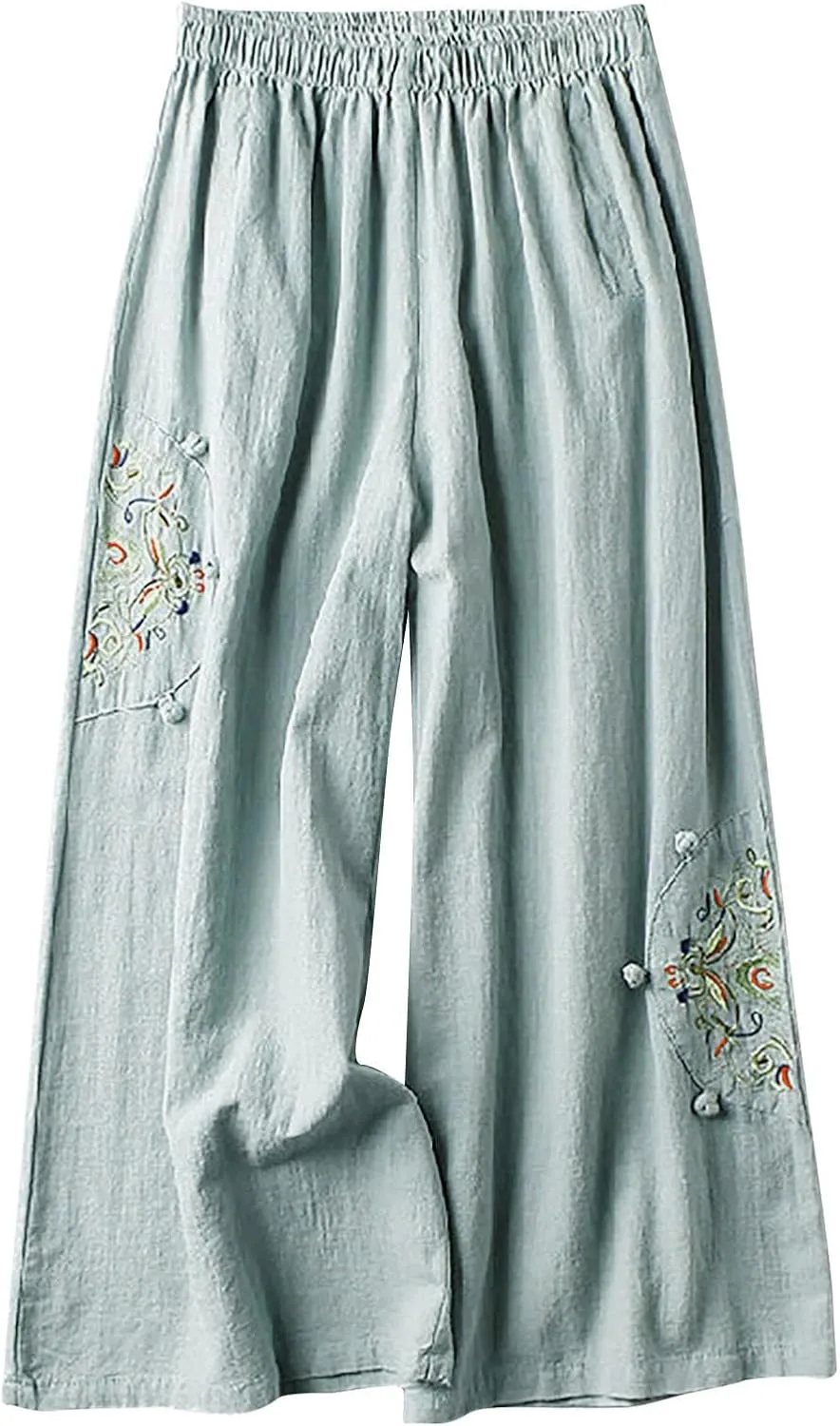 Plus Size Women Capris Pants Loose Summer Casual Cotton Linen Embroidery Vintage Wide Leg Cropped Trousers with Pockets
