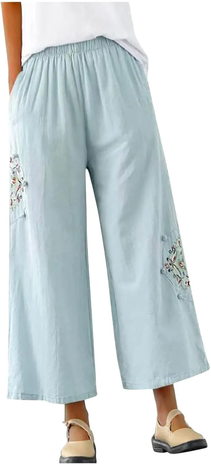 Plus Size Women Capris Pants Loose Summer Casual Cotton Linen Embroidery Vintage Wide Leg Cropped Trousers with Pockets