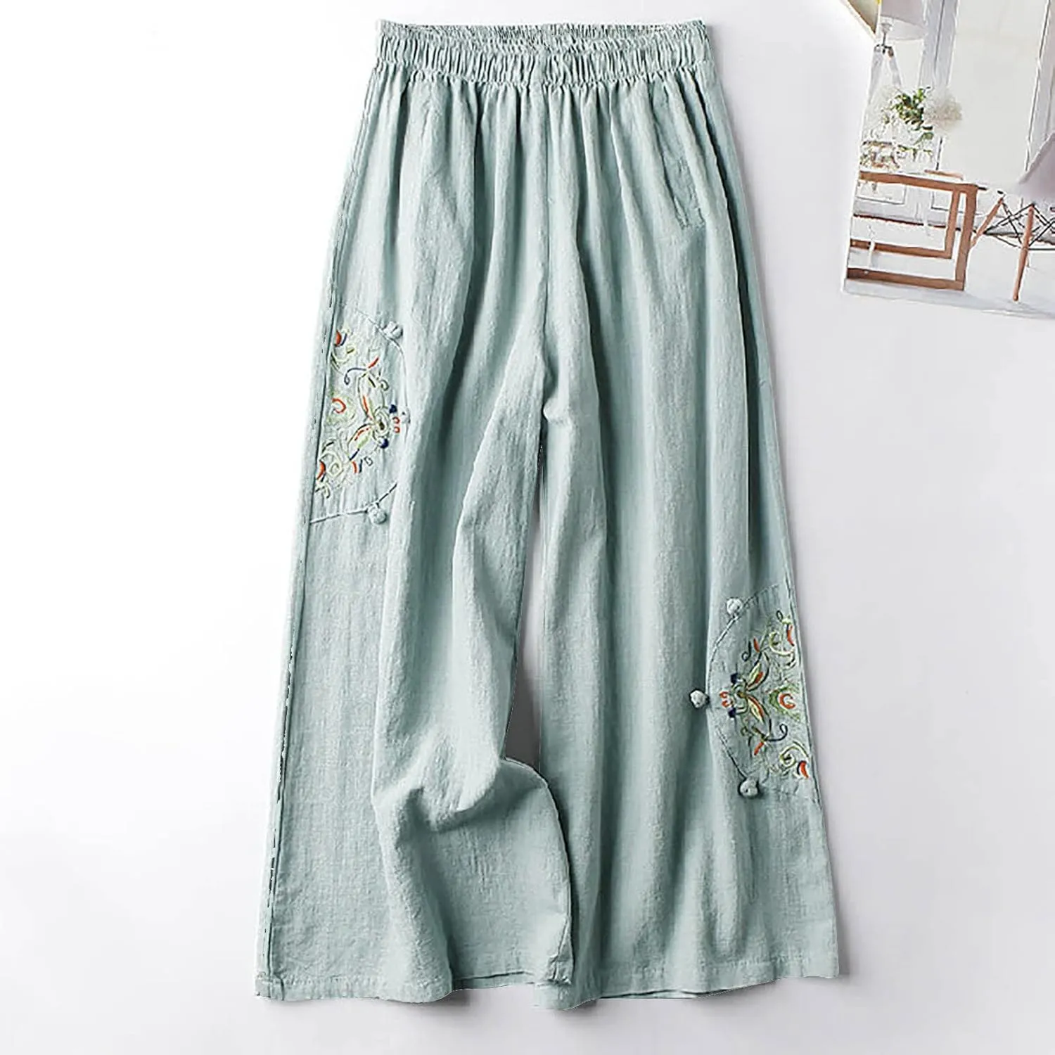Plus Size Women Capris Pants Loose Summer Casual Cotton Linen Embroidery Vintage Wide Leg Cropped Trousers with Pockets