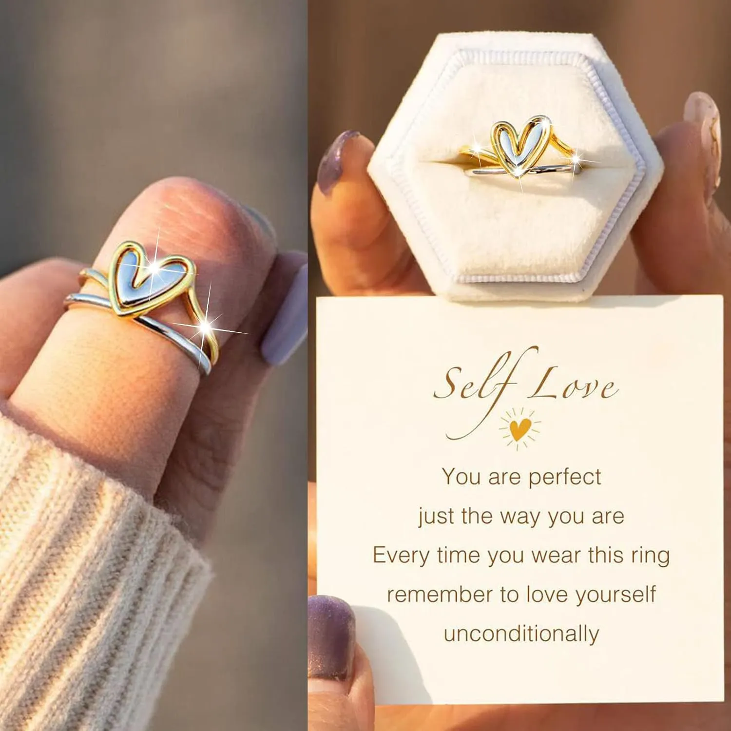 Promise Rings for Women,Gold Plated Solid Sterling Wedding Band for Her Christmas Valentine Gift Minimalist Heart Finger Ring