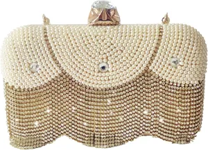 PU Leather Clutch Purses Artificial Pearl Beaded Evening Bags for Women, Rhinestone Crystal Wedding Handbags (Color : Beige)