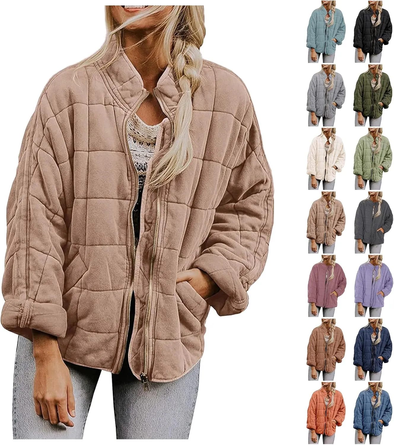 Quilted Jackets for Women Cotton Long Sleeve Zip Up Jackets with Pockets Fall Relaxed Fit Puffer Jacket Outerwear