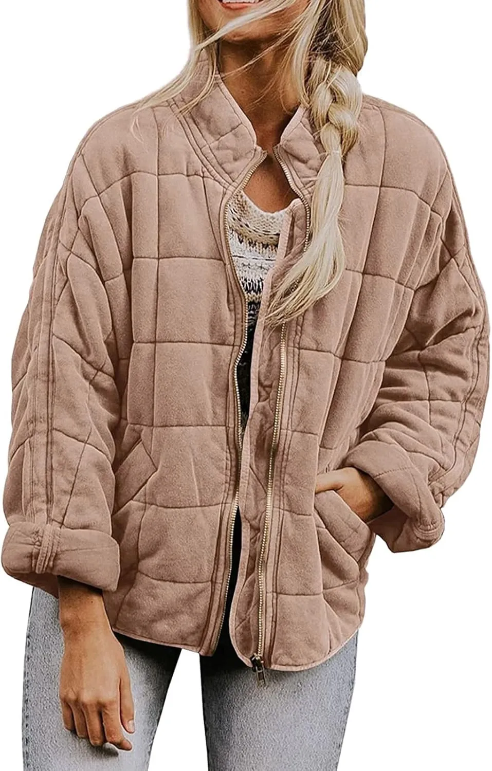 Quilted Jackets for Women Cotton Long Sleeve Zip Up Jackets with Pockets Fall Relaxed Fit Puffer Jacket Outerwear