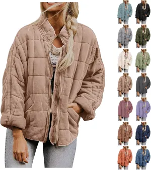 Quilted Jackets for Women Cotton Long Sleeve Zip Up Jackets with Pockets Fall Relaxed Fit Puffer Jacket Outerwear