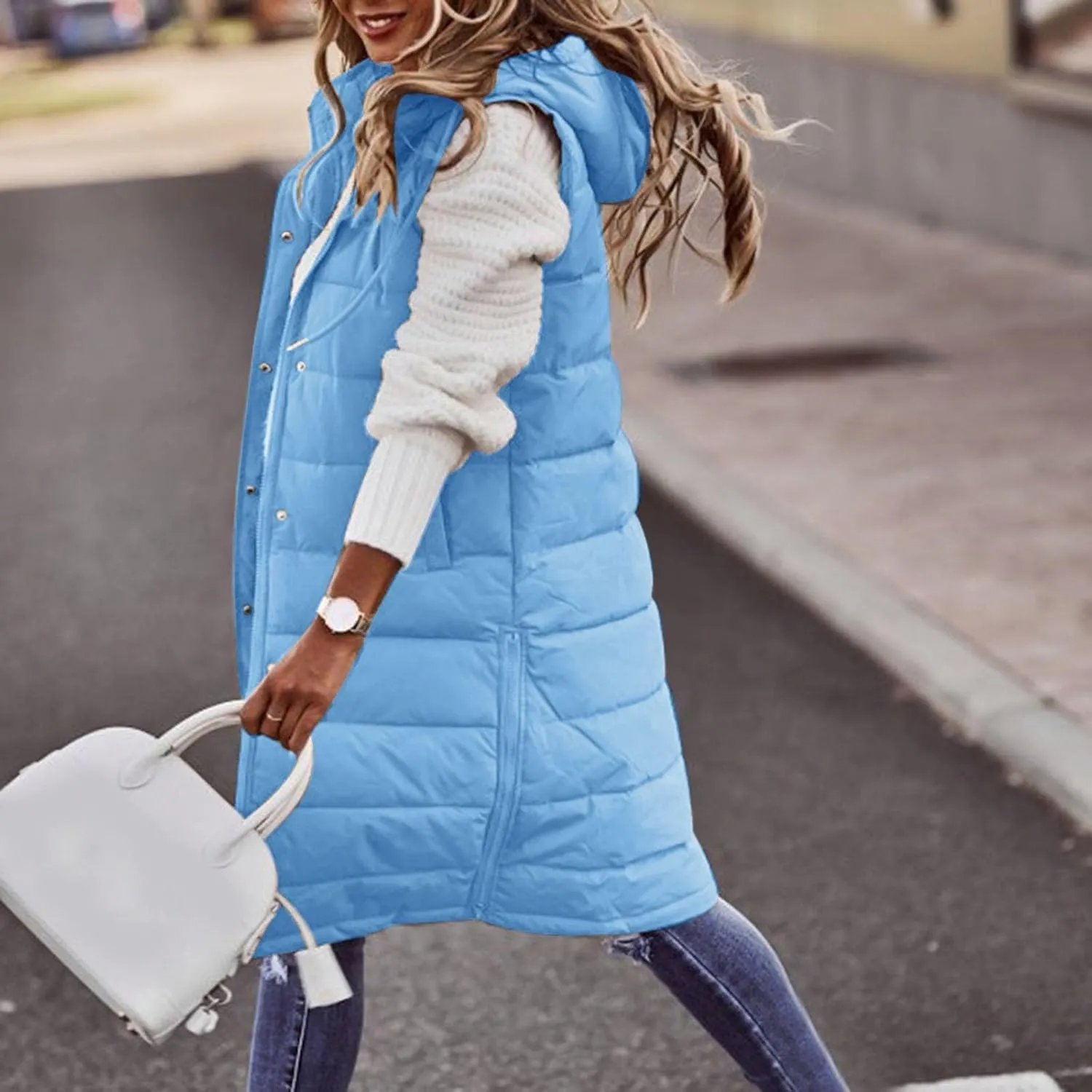 Quilted Jackets for Women Long Down Jacket Vest Fleece Jacket Long Warm Winter Coat Outerwear Zip Up Hoodie Pockets
